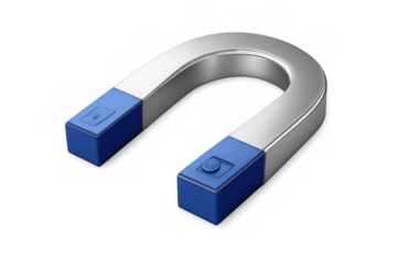 Horseshoe magnet with blue tips representing attraction, science, physics, and magnetic force, 3d rendering with transparent background