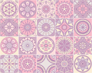 Pink and purple mandala geometric ethnic tile pattern. Seamless ornate pattern featuring delicate mandalas and floral motifs in soft pastel colors