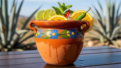 Traditional Mexican clay pot with fruits.