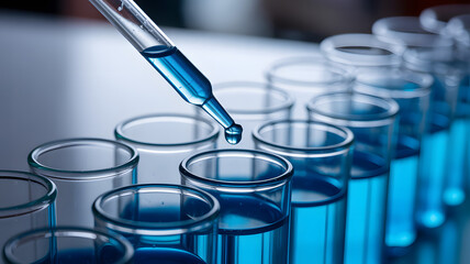 Close-up of a pipette precisely dropping blue liquid into multiple test tubes, symbolizing chemical experiments, scientific research, and laboratory analysis..png