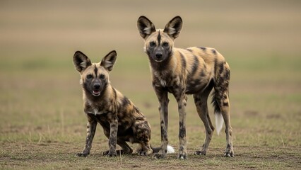 Two African wild dogs standing together.