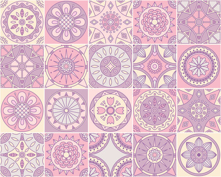 Pink and purple mandala geometric ethnic tile pattern. Seamless ornate pattern featuring delicate mandalas and floral motifs in soft pastel colors
