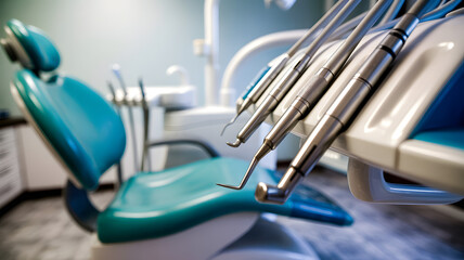 Close-Up of Modern Dental Tools on a Turquoise Chair in a Professional Dentist's Office Ready for Patient Examination..png
