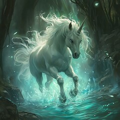 Fantasy scene white unicorn glowing river mystical light enchanted woodland powerful presence dreamy magic atmosphere