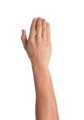 Obraz premium Man showing his hand on white background, closeup