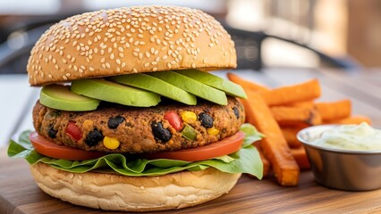 Veggie burger with sweet potato fries.