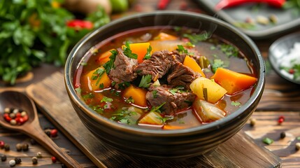 A bowl of hearty beef stew with vegetables and herbs on a wooden surface with a spoon nearby