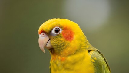 Vibrant Yellow Parrot Bird Closeup Portrait.