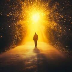 Lonely figure walking golden light surreal journey glowing path peaceful energy mystical setting radiant ambiance wonder image