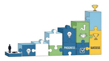 Businessman standing on puzzle pieces leading to success.