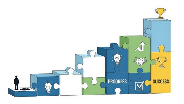 Businessman standing on puzzle pieces leading to success.