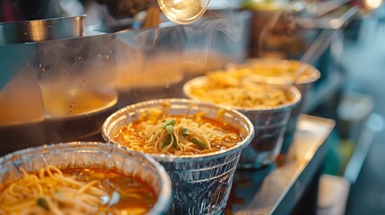 Close up of steaming noodles being poured into containers at a food stall ready to be served
