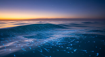 Glowing blue plankton in sea waves at dusk. Perfect for travel brochures, nature documentaries, desktop wallpapers, and relaxation content.