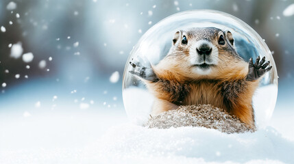 Obraz premium Groundhog Day groundhog inside glass dome with snowfall and copy space