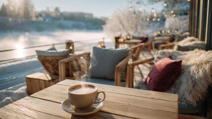 Nestled by a frozen lake, this charming winter terrace cafe invites guests to enjoy steaming lattes while soaking in the magical atmosphere of frosty surroundings and twinkling lights