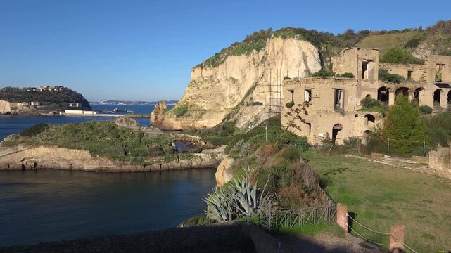 View of an ancient Roman amphitheater in the city's archaeological park called "Gaiola" in Naples, Italy.