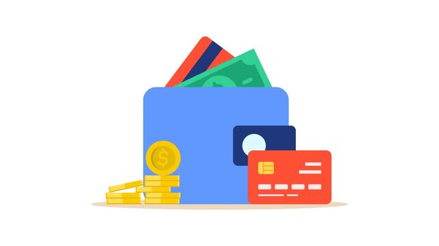 Growing wallet with money, coins, and cards concept animation