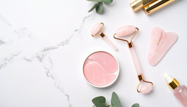 Skincare concept. Top view photo of two barrettes rose quartz roller gua sha pink eye patches dropper bottle with cosmetics and eucalyptus on white marble background with copyspace