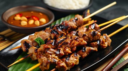 Grilled meat skewers on a black plate with peanut sauce and rice in the background on a dark surface