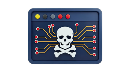 Cybersecurity Threat: Skull and Circuit Board Icon