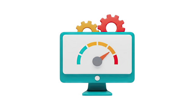 Computer Monitor with Speedometer and Gears - Powered by Adobe