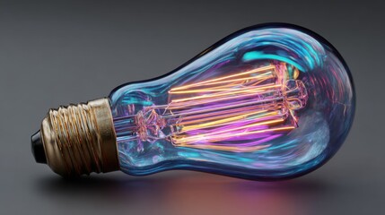 Glowing incandescent light bulb with colorful reflections