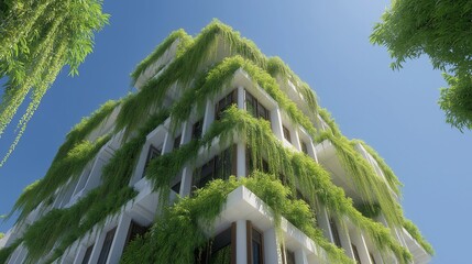 White modern building with greenery on facade climbing plants clear sky blending nature and contemporary architectural elegance