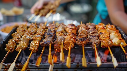 Close up of various grilled meat skewers on a grill with a hand holding another skewer above it