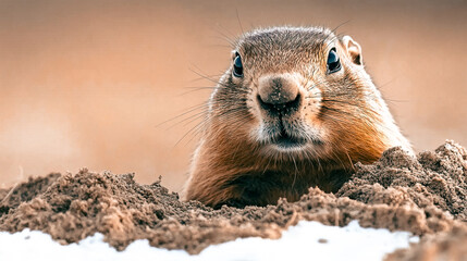 Groundhog close up emerging from soil in early spring