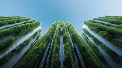 Sustainable building with vertical gardens representing green architecture and eco-friendly design tall structures covered by lush vegetation against clear blue sky symbolizing sustainability