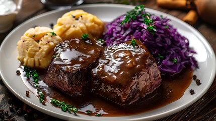 A plate of braised beef with mashed potatoes and red cabbage on a wooden table surface close up view