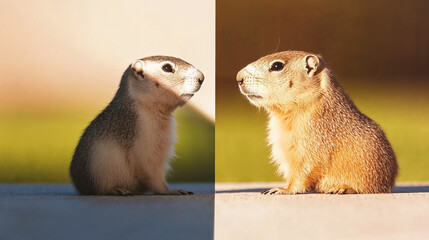 Groundhog in winter and spring comparison concept