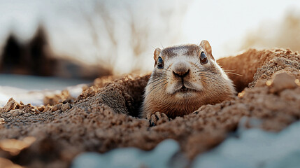 Groundhog emerging from burrow as a symbol of spring arrival