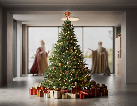 &Aacute;rbol de Navidad con regalos y Reyes Magos desenfocados en interior moderno