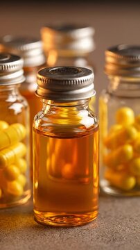 Collection of essential oil bottles with yellow capsules visible. Close up view presents vertical arrangement of vibrant colors. Health and wellness concept captured beautifully.