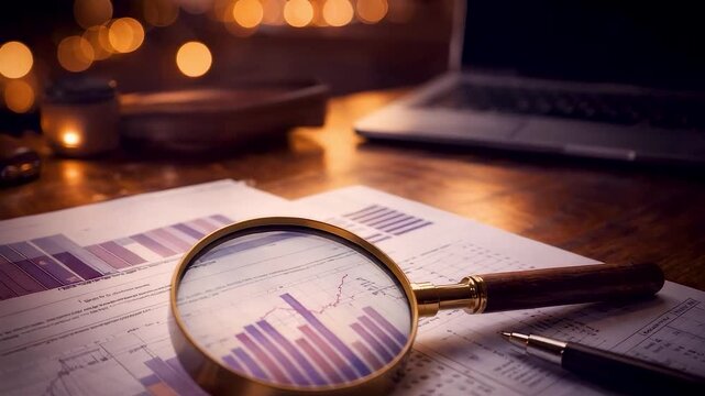 Financial analysis workspace with magnifying glass examining printed charts on desk under warm light, focused business research and data review