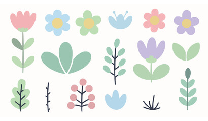 Cartoon floral elements vector set with cute flowers leaves and berries © MdShohagAhammad