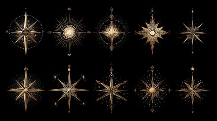 Sparkle and shine icon set featuring various star designs in black color for magic patterns and light themes