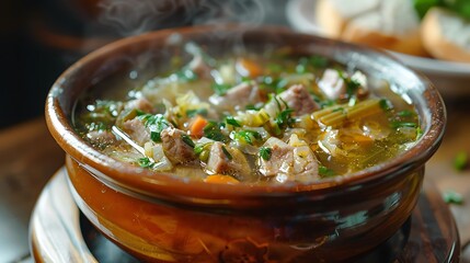 A close up shot of a bowl of steaming soup with meat and vegetables on a wooden surface indoors