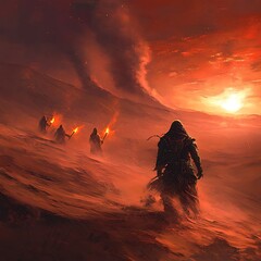 Fototapeta premium Dark robed wanderers crossing blazing dunes under red sunset in ominous fantasy desert atmosphere