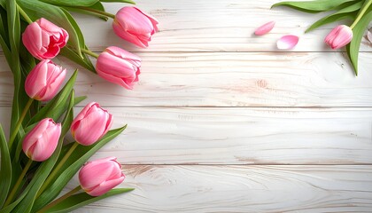 light birch wood texture background with pink tulips arranged at the corners