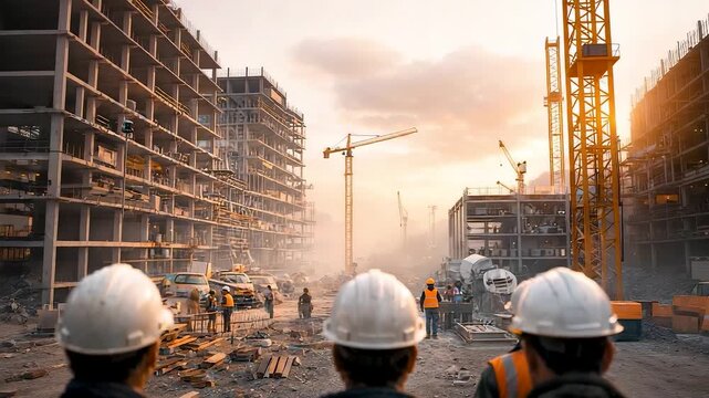Construction team overseeing large urban building site at sunrise with cranes, safety helmets and active development across unfinished structures