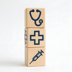 Medical symbols on wooden blocks stethoscope cross and syringe