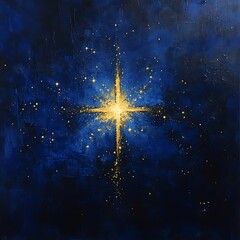 Heavenly golden cross illustration with abstract stars spiritual background and cosmic divine atmosphere painting