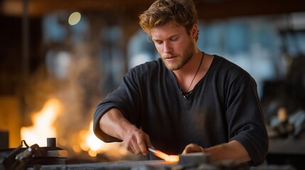 A metalworker heat-treating steel in a glowing forge, quenching the piece in oil as steam erupts dramatically — metallurgy science, strength hardening process, and traditional heat treatment.
