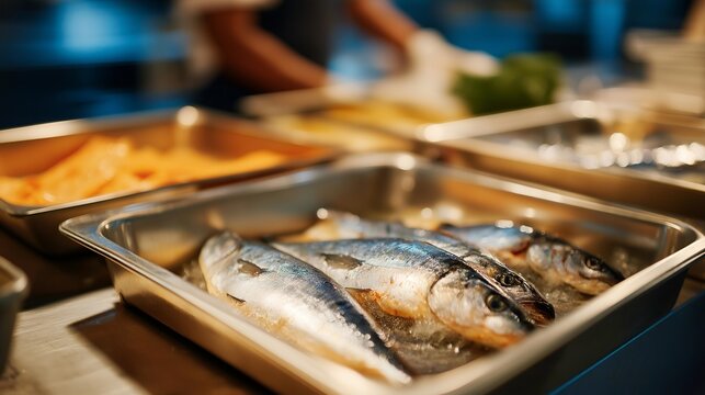A time-lapse view of workers unloading fresh fish into a flash-freeze zone, frost immediately forming on trays as high-powered coolers activate &mdash; seafood preservation, rapid freezing process, and