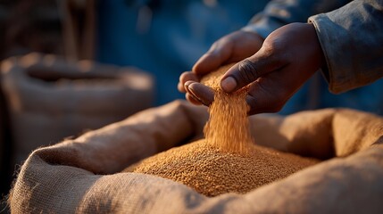 A farmer loading dried agricultural waste into a pelletizing machine, golden fibers transforming into uniform energy pellets that pour into burlap sacks — circular agriculture, farm-to-fuel