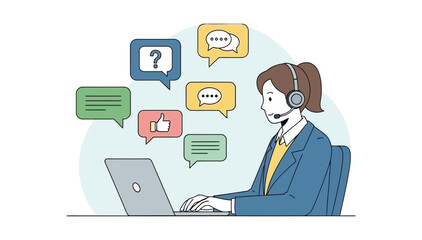 Online customer service agent connecting with clients, surrounded by various digital communication icons