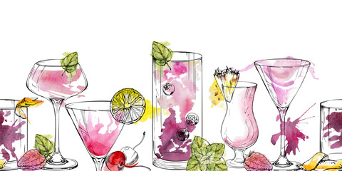 Seamless watercolor border of berry mojito, Margarita cocktail and pink daiquiri, accented with strawberry, mint leaves, lime wheels, pineapple and cherry. Hand drawn header for textile, paper trims. © Elena
