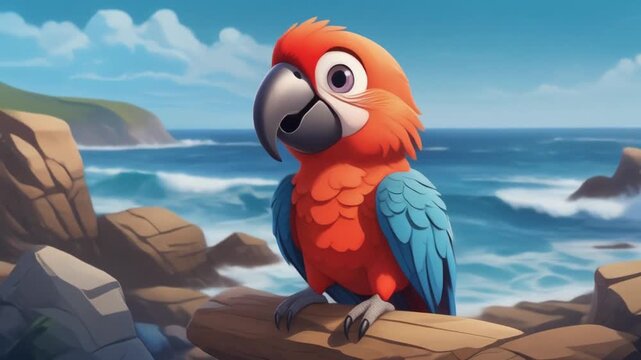 Cute Animated Parrot Blinking on a Log by the Ocean